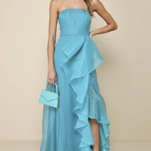 NWT Lulus Exquisite Ease Teal Green Organza Strapless Ruffled Maxi Dress (Sz SM) - Picture 1 of 8